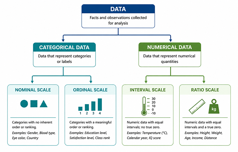 Hierarchy of categorical and numerical data with their measurement scales.