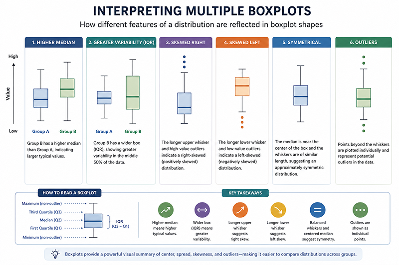 Conceptual comparison of several representative boxplots illustrating differences in median, variability, skewness, and outliers.
